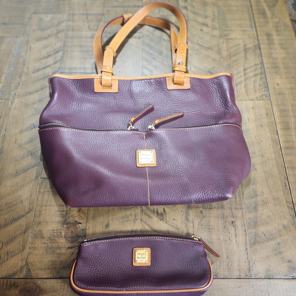 Dooney & Bourke Pebble Leather Tote and Pouch Set Plum Purple Tan Trim Womens